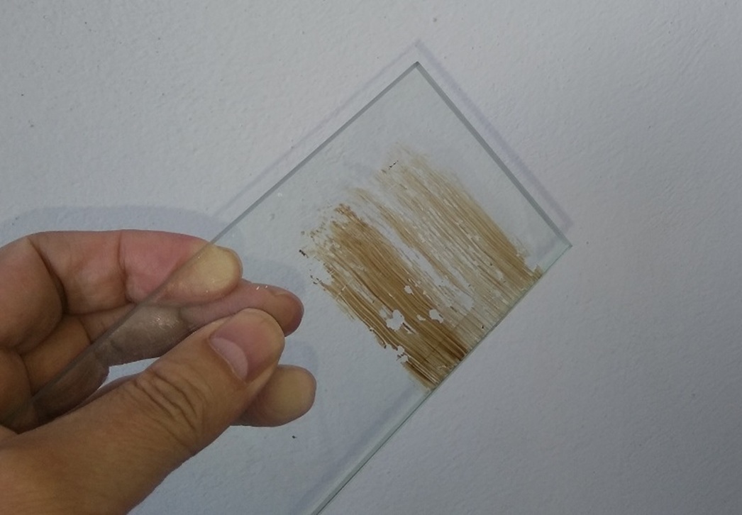 Так в большинстве случаев выглядело грязевое битумное пятно на контрольном стекле после однократной обработки и протирки тампоном. 